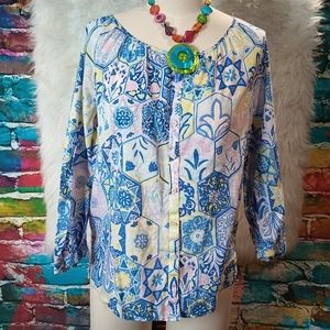 Talbots Blue Purple Yellow Pattern Long Sleeve Blouse Size L